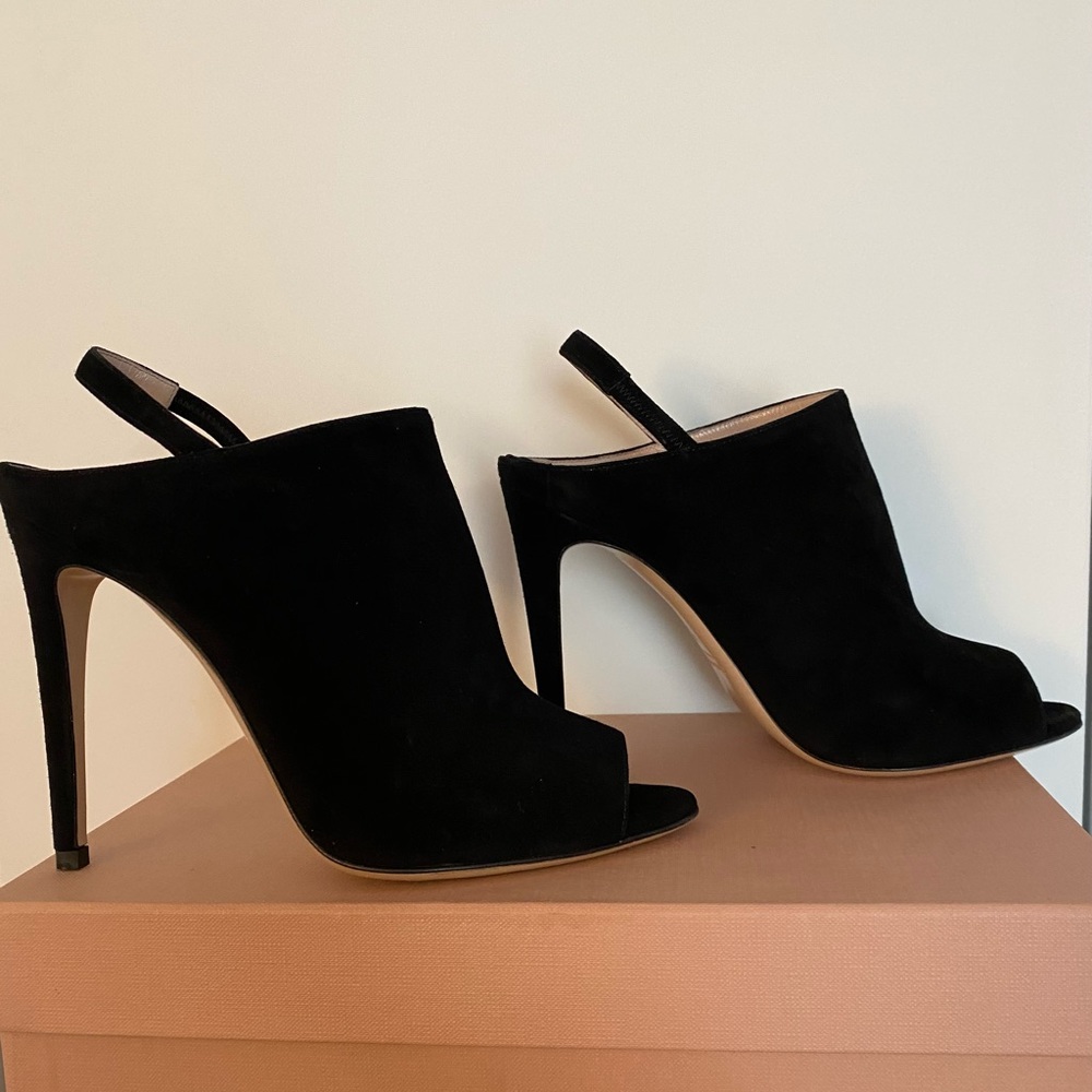 Miu Miu peep toe slingback heels.